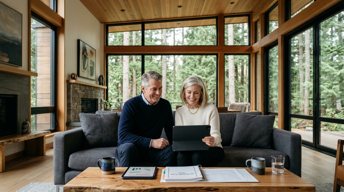 Corporate executive couple reviewing retirement transition plan together at home
