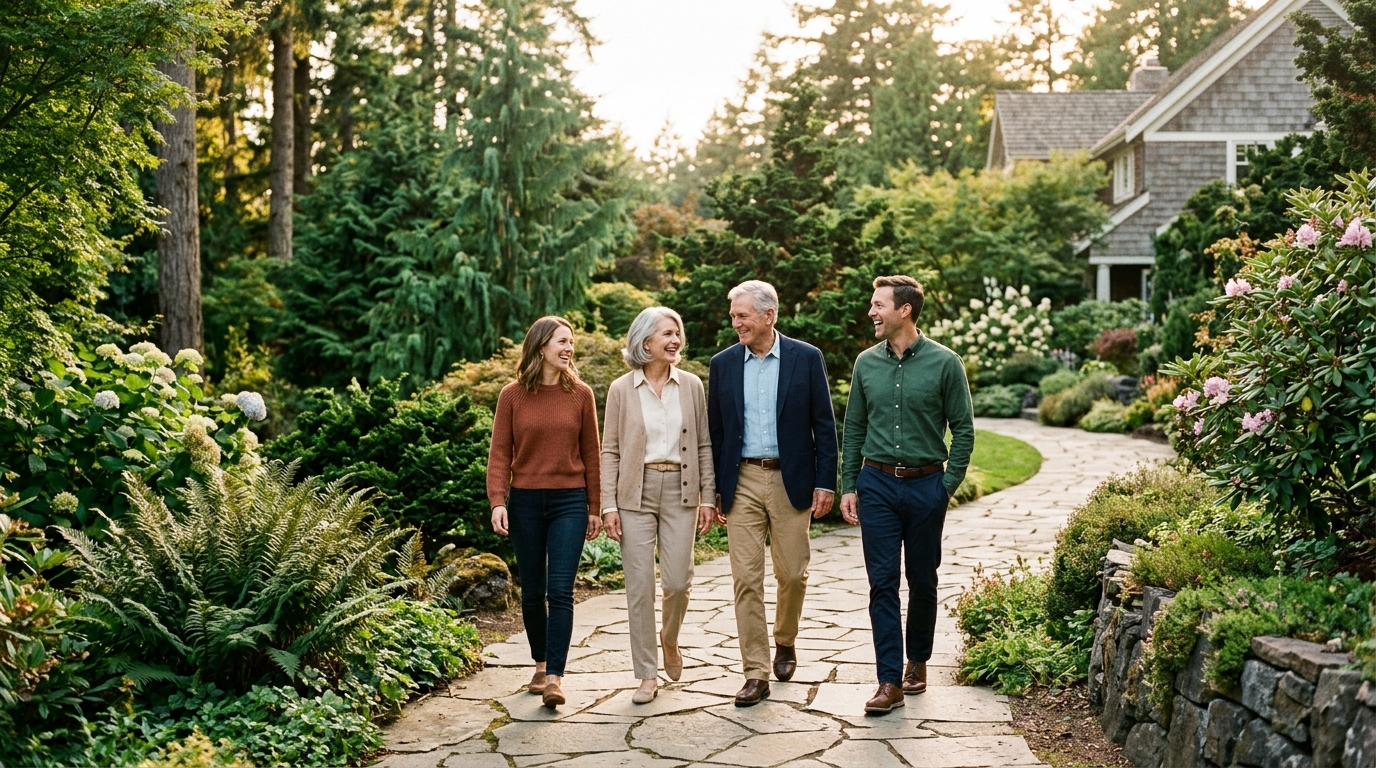 Multi-generational family walking together in a Pacific Northwest garden