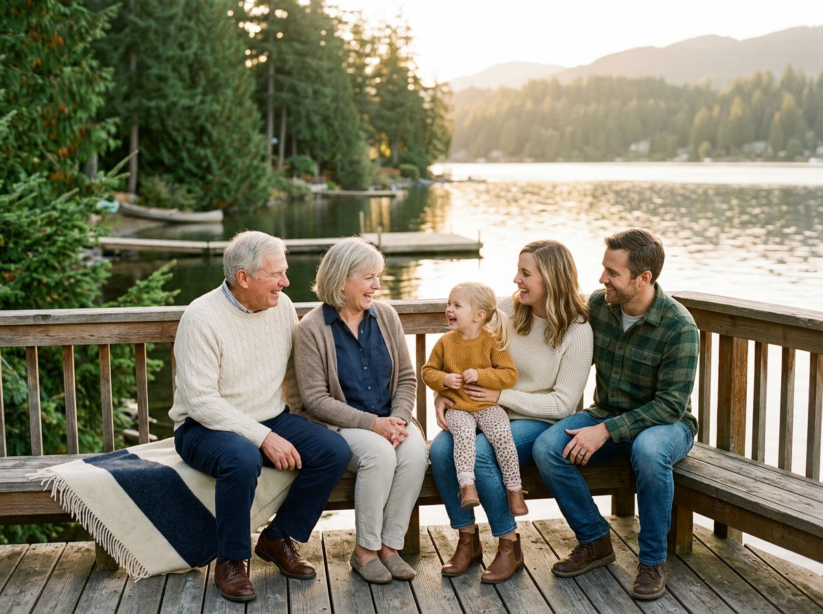 Multi-generational family enjoying time together at a Pacific Northwest lake
